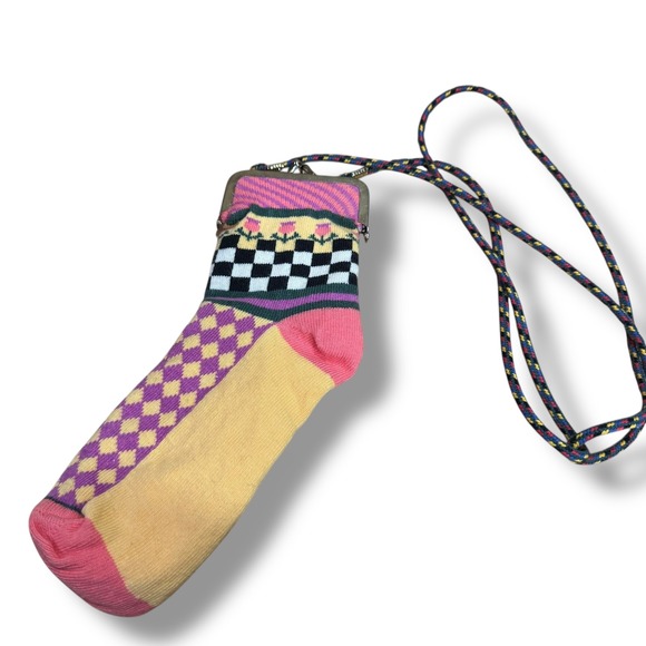 MacKenzie-Childs Handbags - Mackenzie Childs Socks Coin Purse Bag Multicolored Checkered Floral Rope Strap